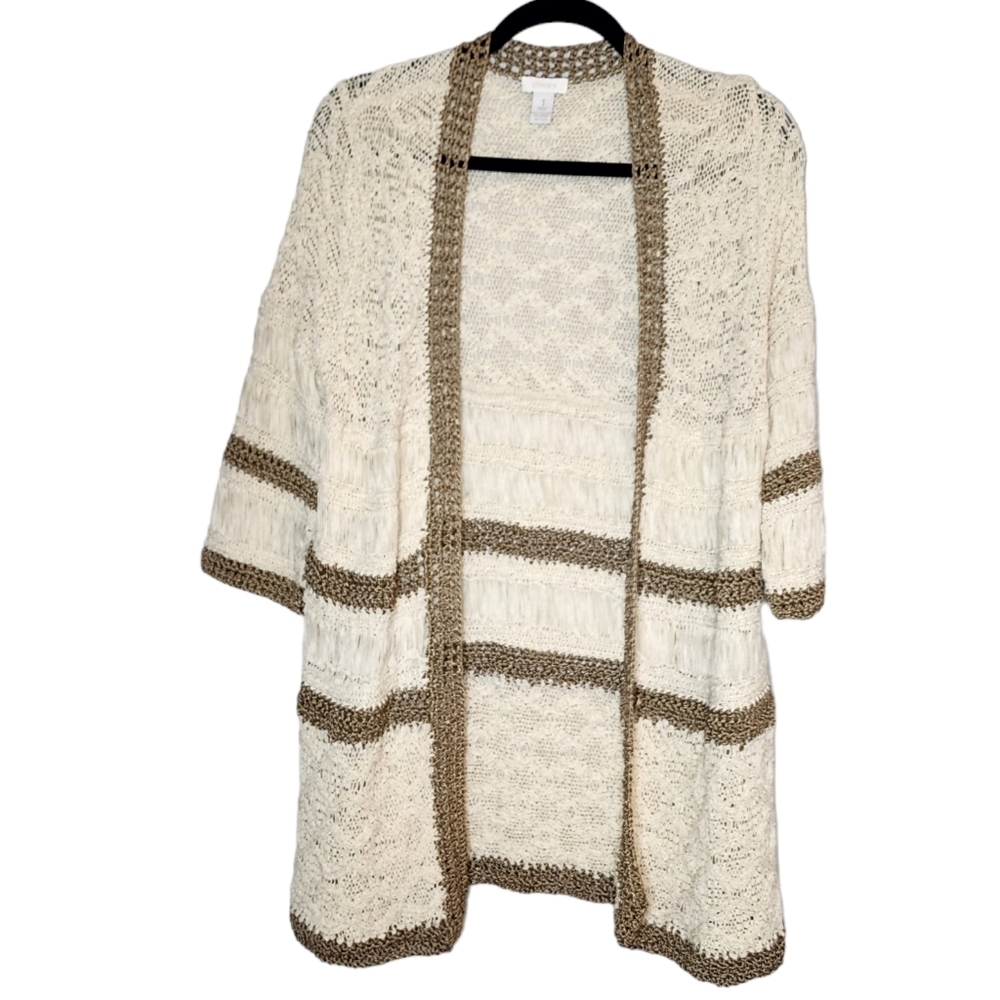 Chico's Knit Cardigan Cream Tan Bronze Open Front Size Medium (Size 1)‎